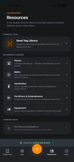 Revive Land Ops Resources screen on iPhone