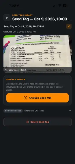 Revive Land Ops Seed Tag screen on iPhone